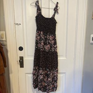 Floral Patchwork Smocked Maxi Dress in Black and Pink